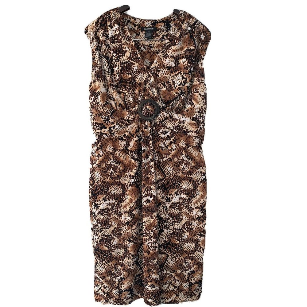 GLAMOUR DRESS SURPLICE NECK SLEEVELESS  EMPIRE BUCKLE WAIST MIDI SZ 14W NWOT